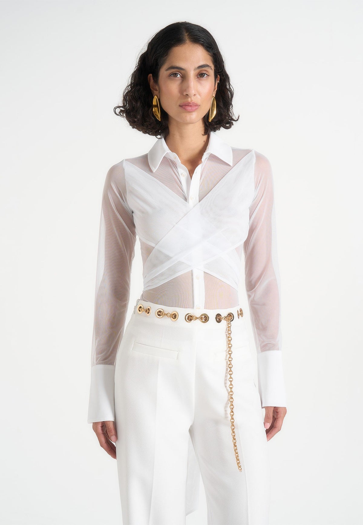 Canelle - Sheer Crossover Shirt Bodysuit - White