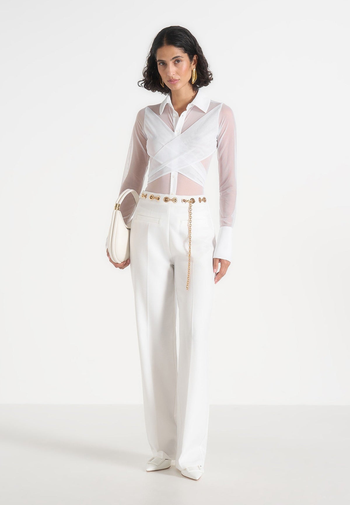 Canelle - Sheer Crossover Shirt Bodysuit - White