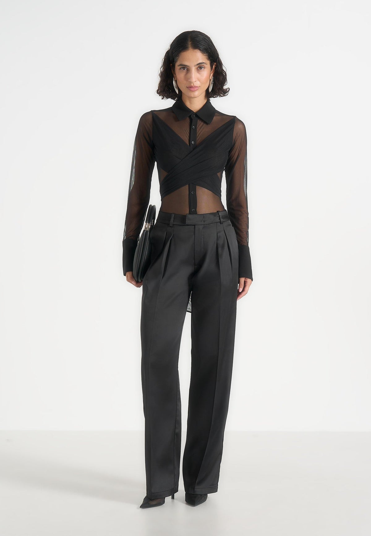 Canelle - Sheer Crossover Shirt Bodysuit - Black