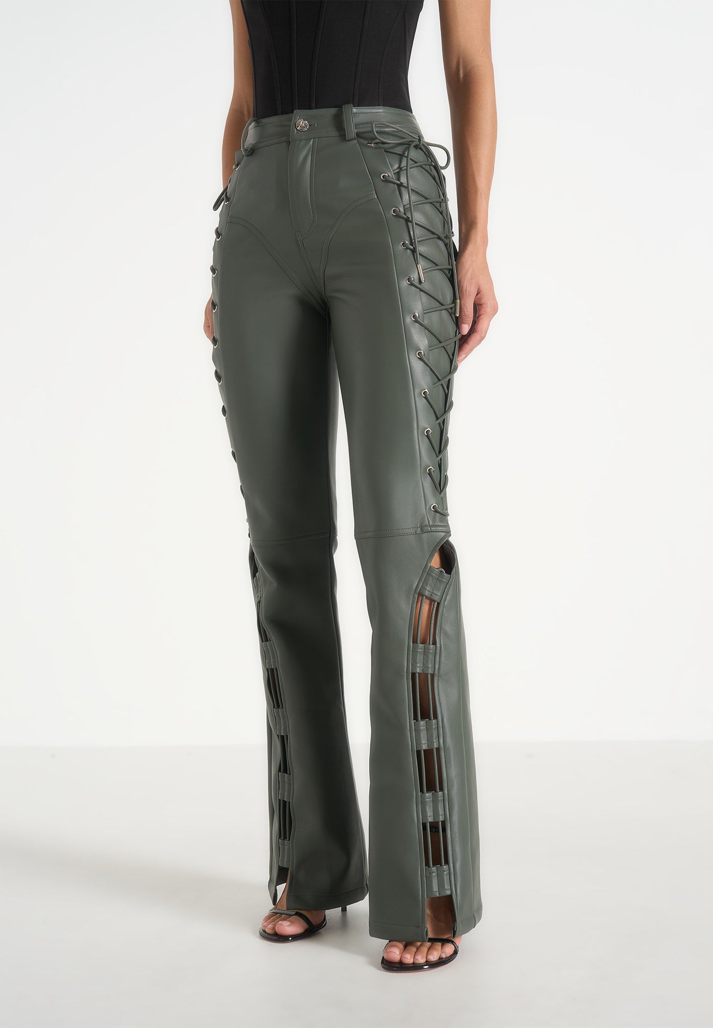 Ambre - Leather Lace Up Flared Pants - Olive