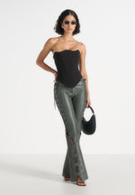 Ambre - Leather Lace Up Flared Pants - Olive