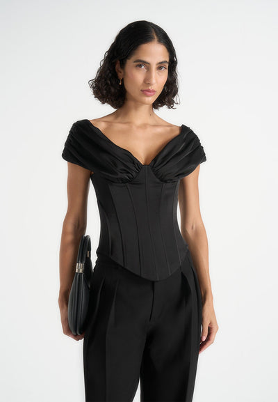 Ursula - Off-Shoulder Pleated Corset Top - Black