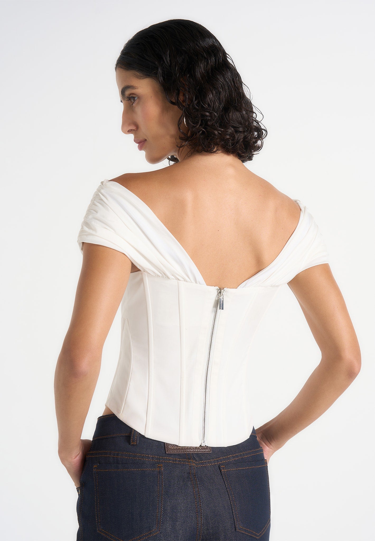 Ursula - Off-Shoulder Pleated Cotton Corset Top – White
