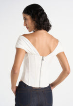 Ursula - Off-Shoulder Pleated Cotton Corset Top – White