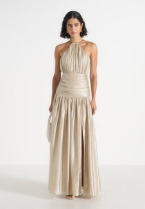 Fabienne - Ruched Halterneck Maxi Dress – Champagne