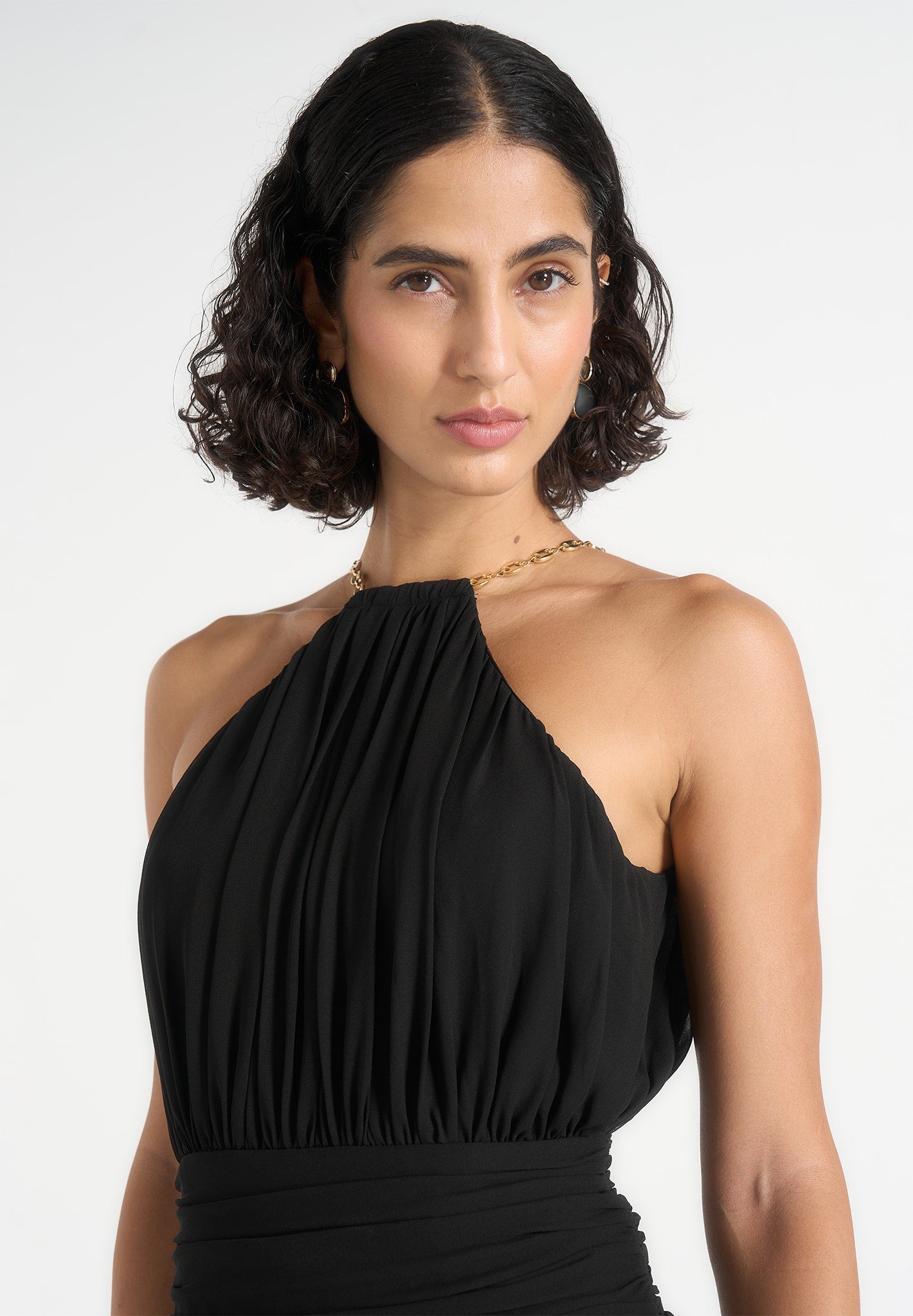 Fabienne - Metallic Ruched Halterneck Maxi Dress – Black