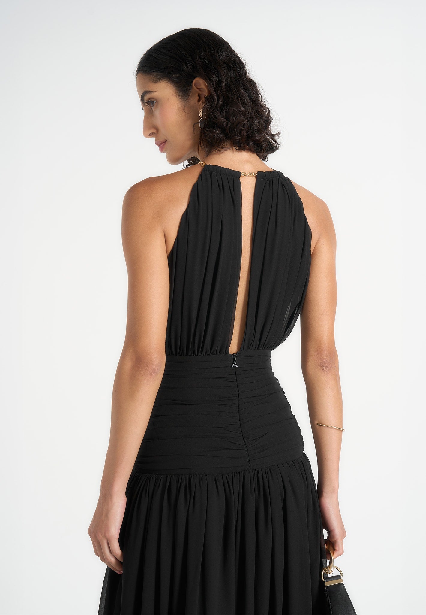 Fabienne - Metallic Ruched Halterneck Maxi Dress – Black
