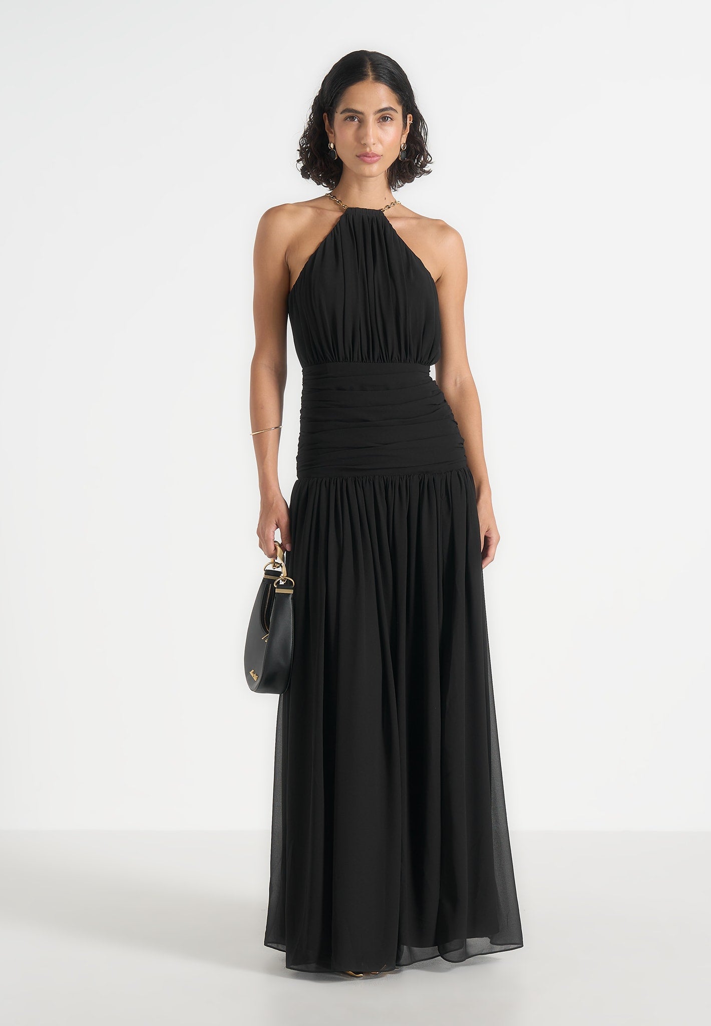 Fabienne - Metallic Ruched Halterneck Maxi Dress – Black