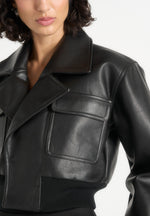 Cosette - Leather Lapel Bomber Jacket - Black