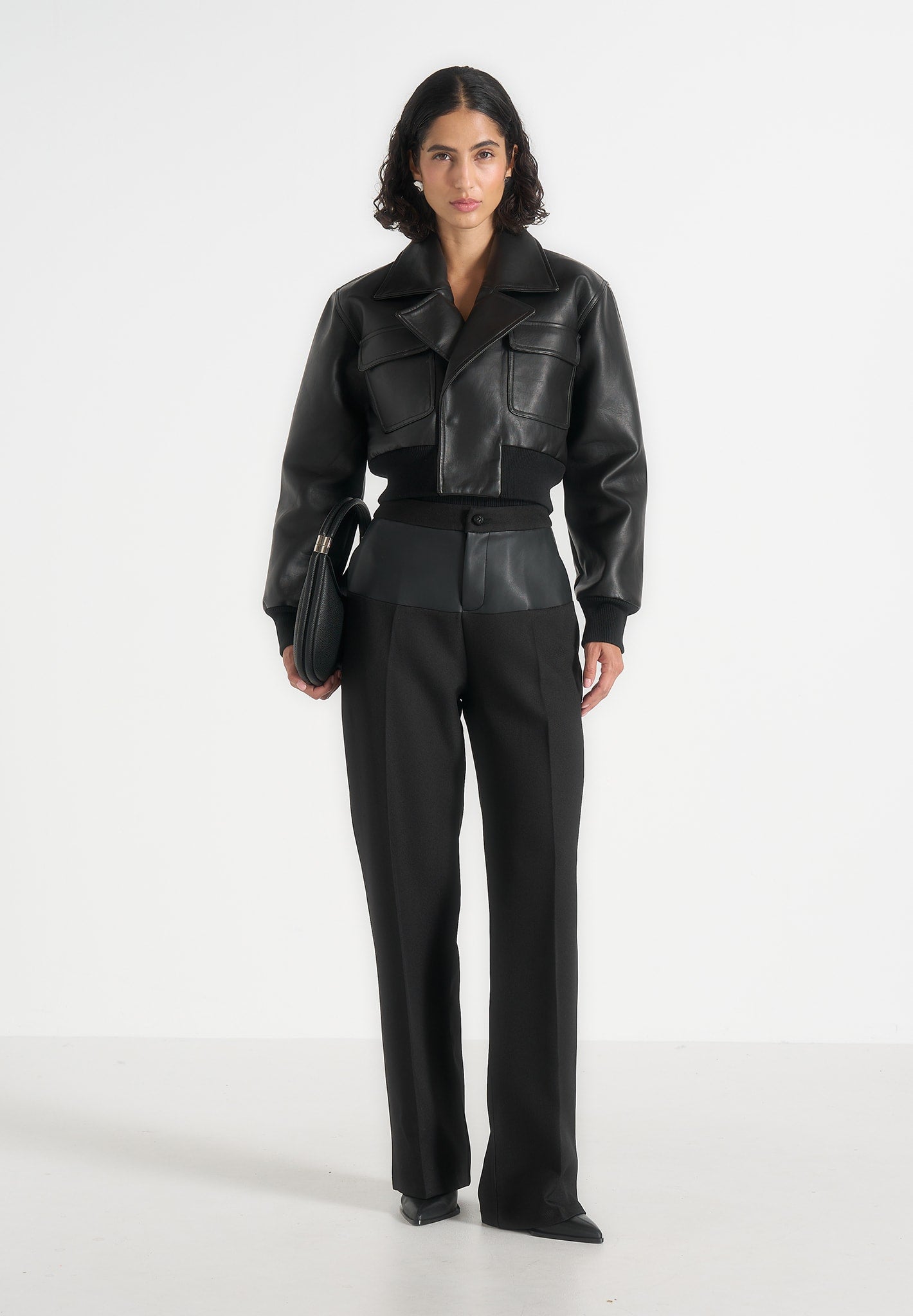 Cosette - Leather Lapel Bomber Jacket - Black