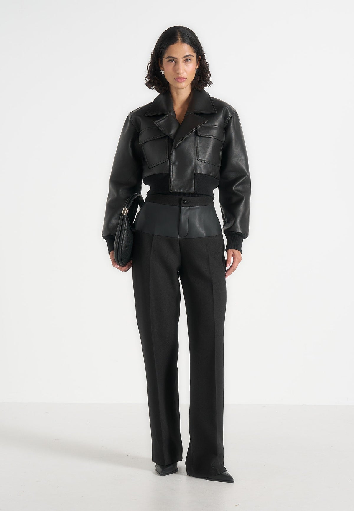 Cosette - Leather Lapel Bomber Jacket - Black