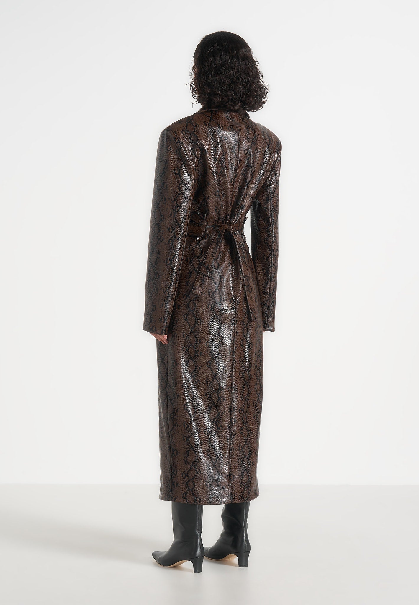 Esma - Python Asymmetric Coat with Cinch Belt - Brown