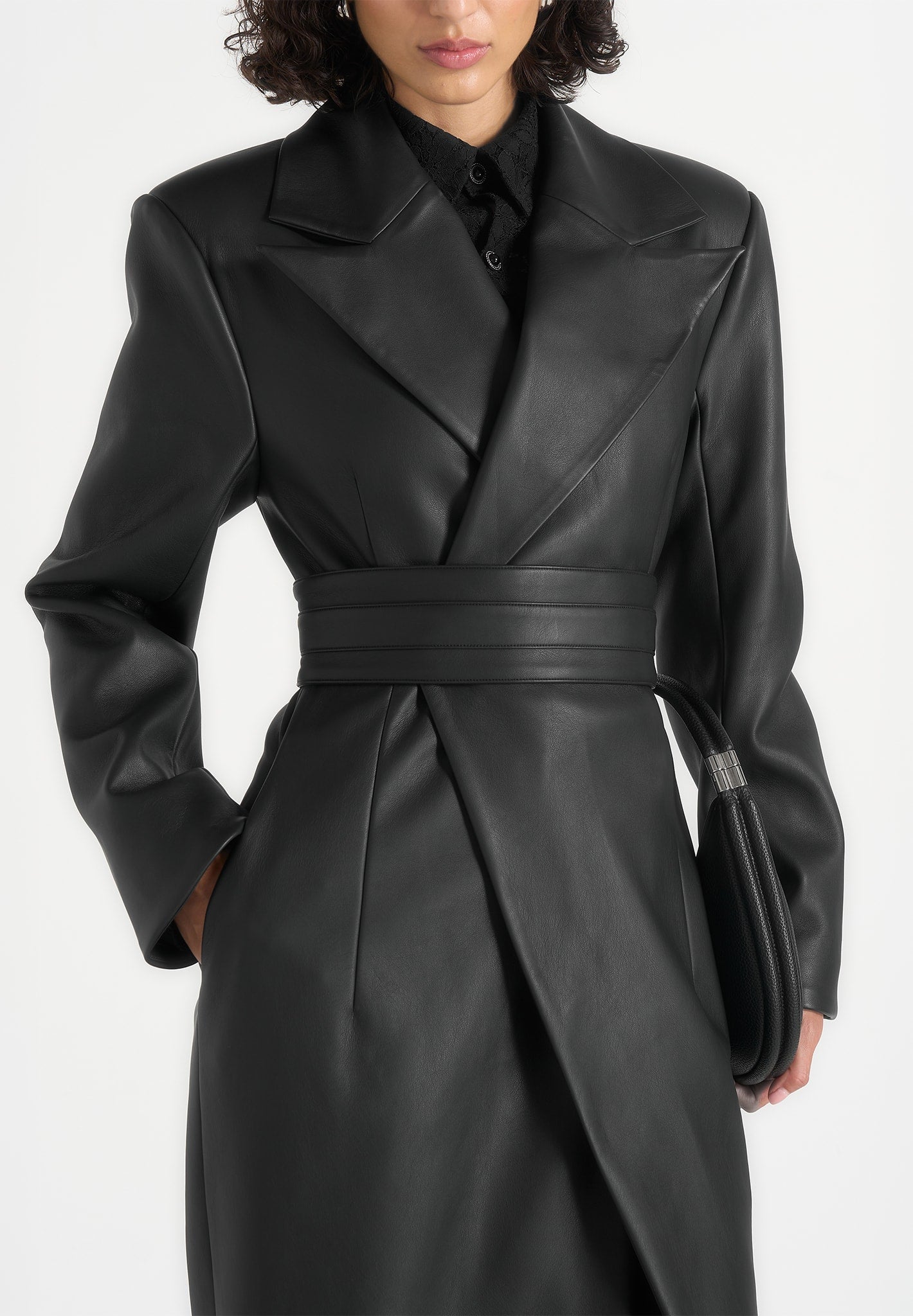 Esma - Leather Asymmetric Coat with Cinch Belt - Black