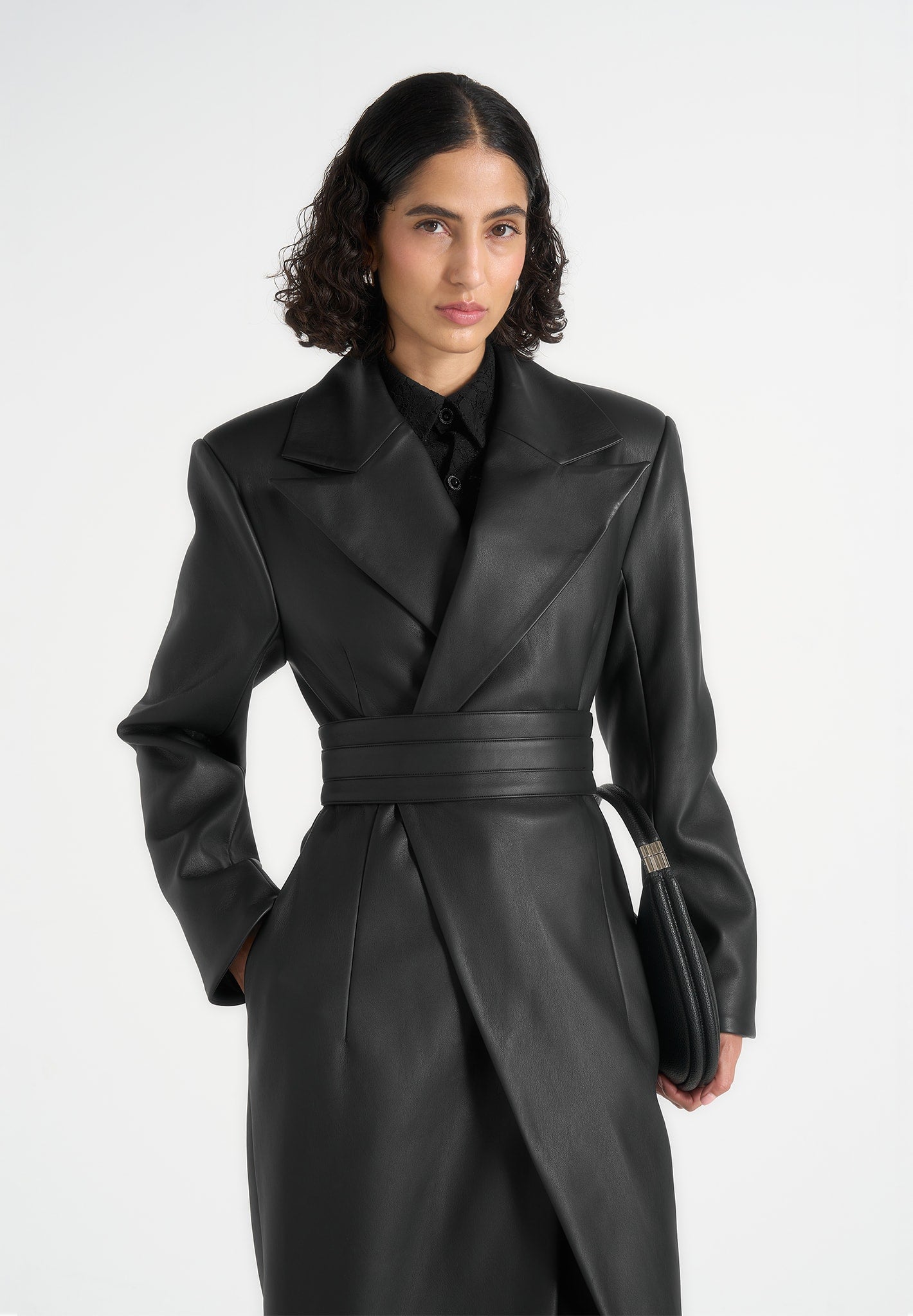 Esma - Leather Asymmetric Coat with Cinch Belt - Black