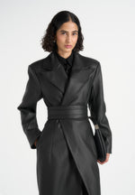 Esma - Leather Asymmetric Coat with Cinch Belt - Black