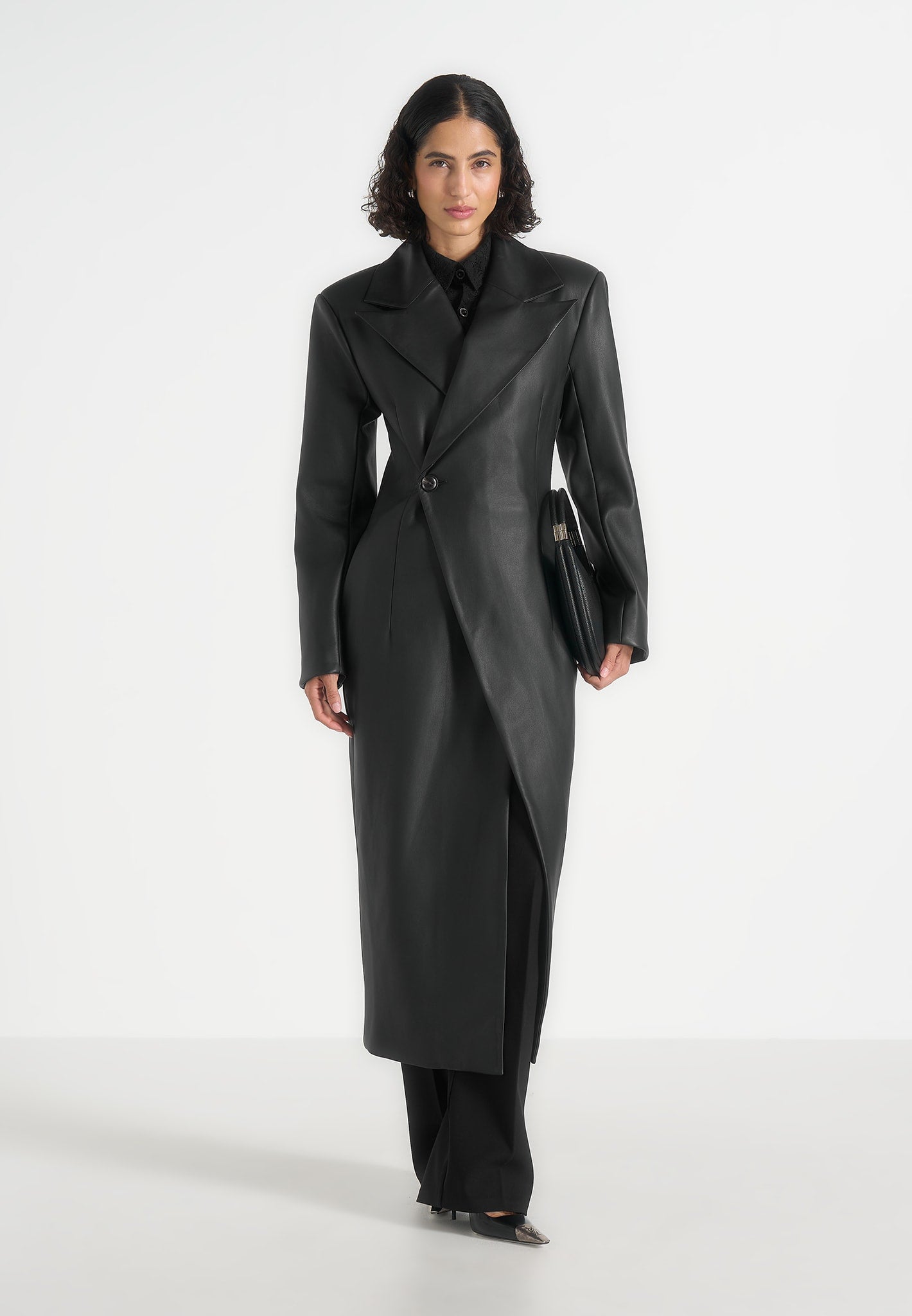 Esma - Leather Asymmetric Coat with Cinch Belt - Black