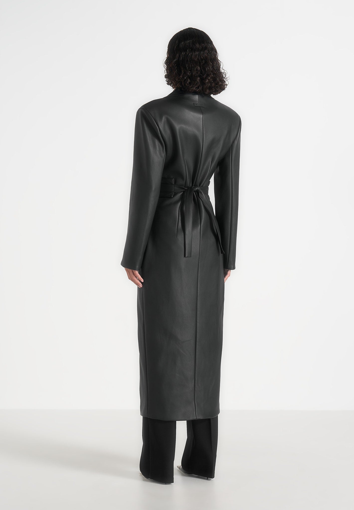 Esma - Leather Asymmetric Coat with Cinch Belt - Black
