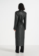 Esma - Leather Asymmetric Coat with Cinch Belt - Black