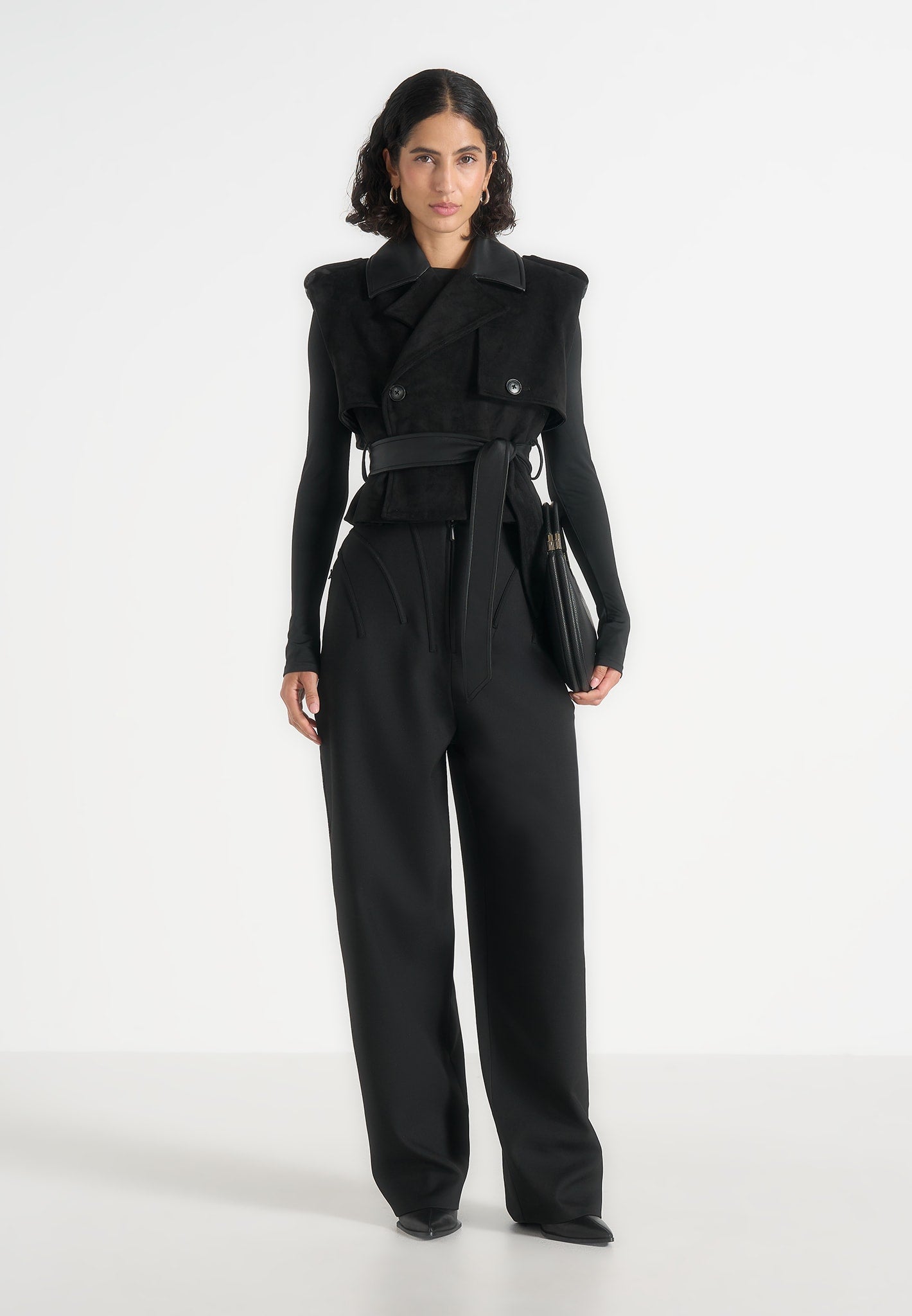 Lelia - Cropped Suede Trench 2-in-1 Gilet Coat With Belt - Black