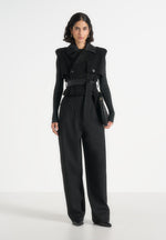 Lelia - Cropped Suede Trench 2-in-1 Gilet Coat With Belt - Black