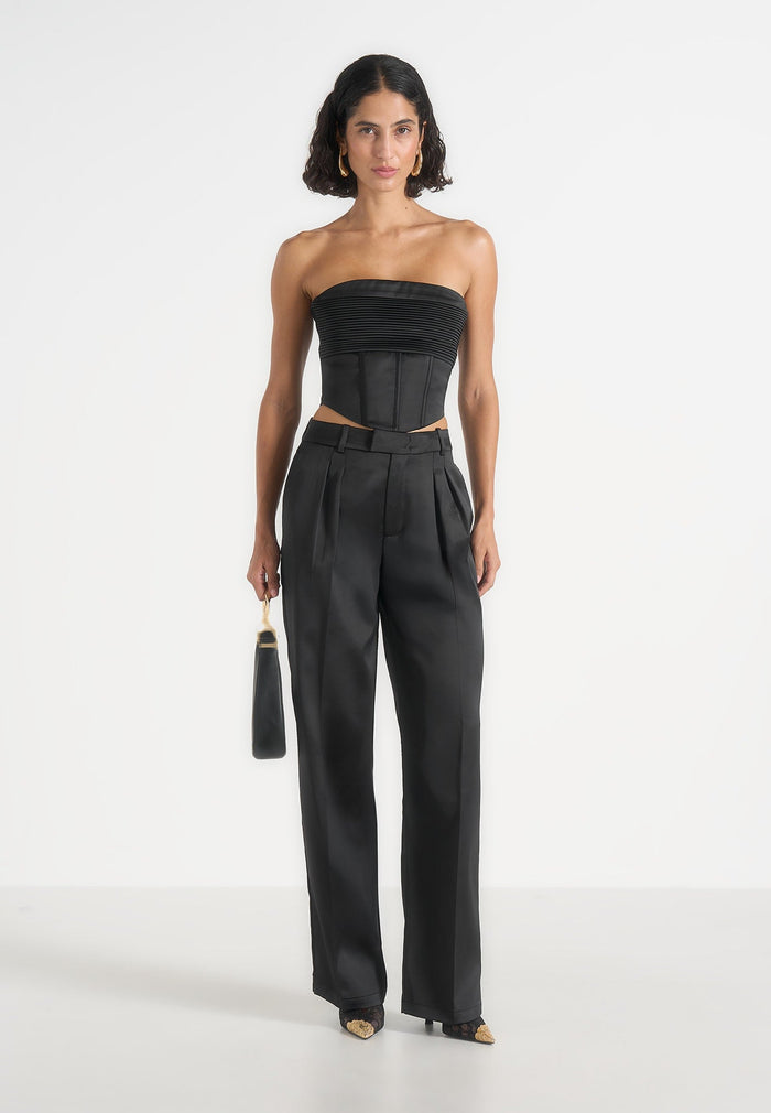 Julie - Satin Twin Pleat Pants - Black