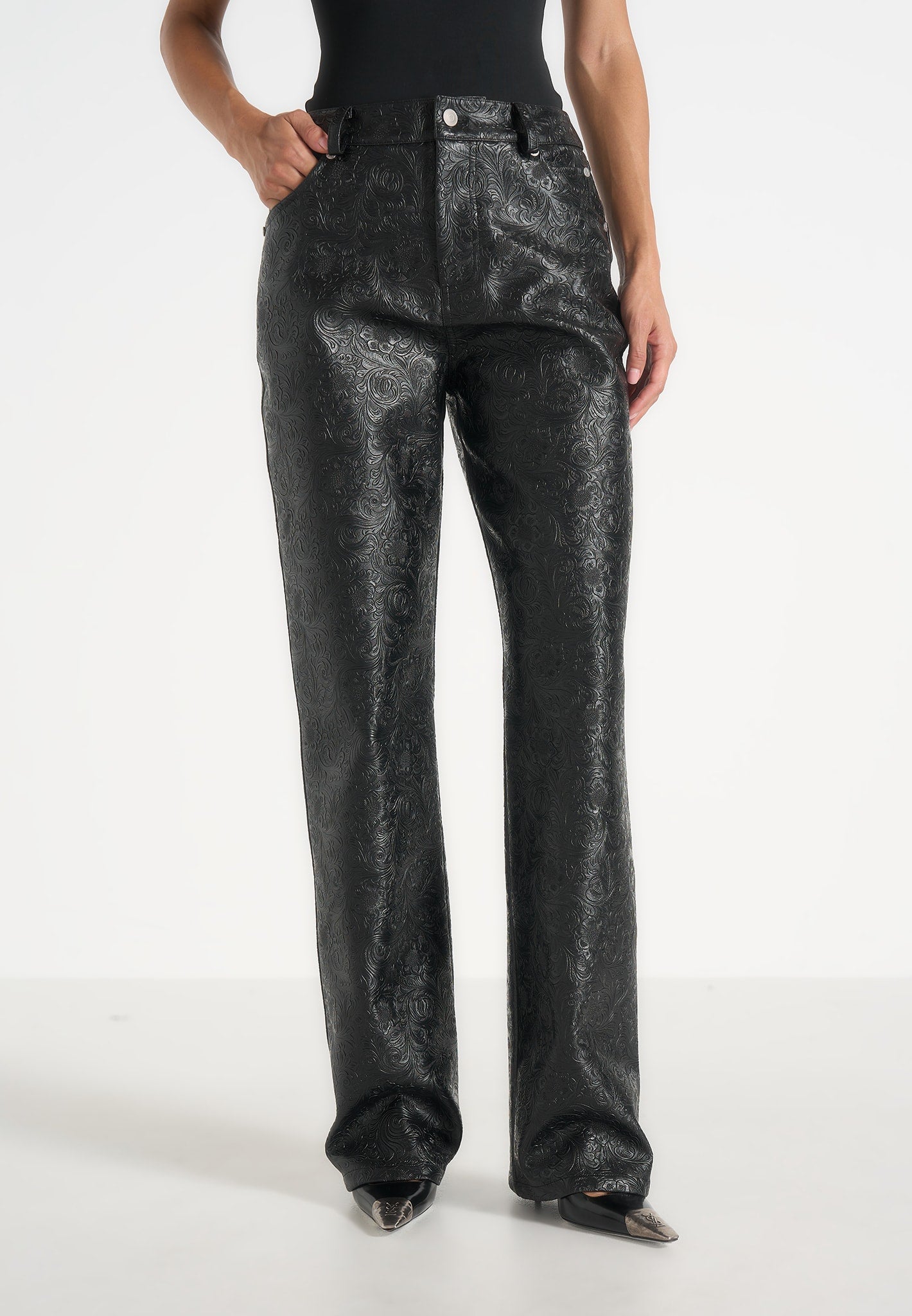 Ruth - Embossed Leather Mid Rise Trousers - Black