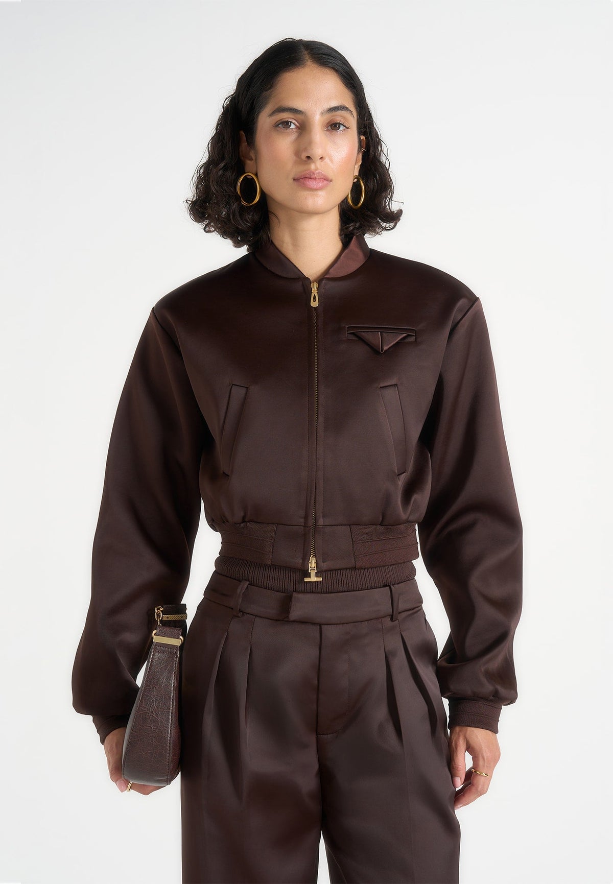 Monique - Satin Wide Shoulder Bomber Jacket - Brown
