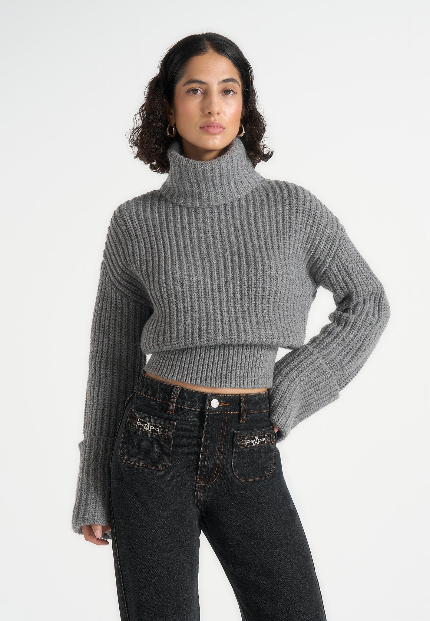 Amaya - Roll Neck Knit Sweater With Cuffs - Grey