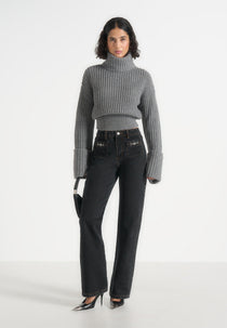 Amaya - Roll Neck Knit Sweater With Cuffs - Grey