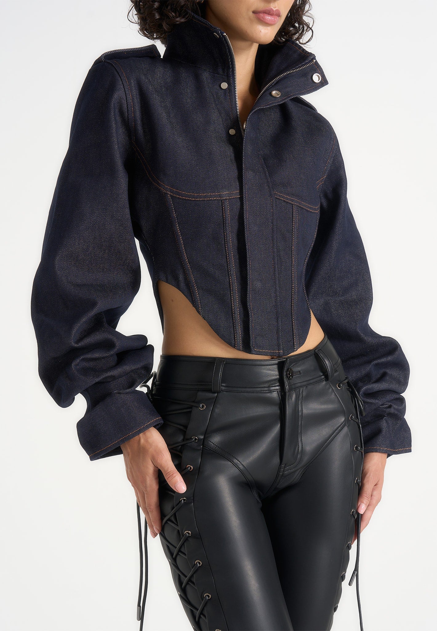 Solange - Denim Tacked Sleeve Corset Jacket - Indigo