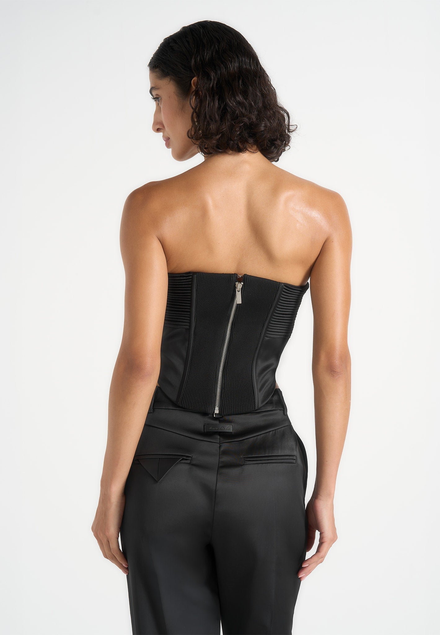 Cora - Satin Pintuck Bandeau Corset Top - Black