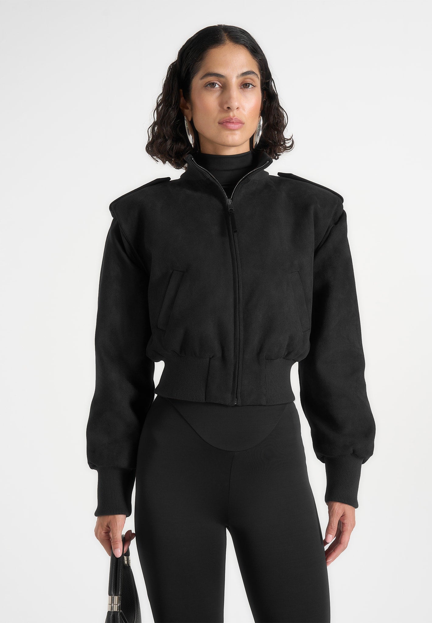 Delfina - Suede Layered-Shoulder Cropped Bomber Jacket- Black