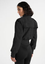 Delfina - Suede Layered-Shoulder Cropped Bomber Jacket- Black