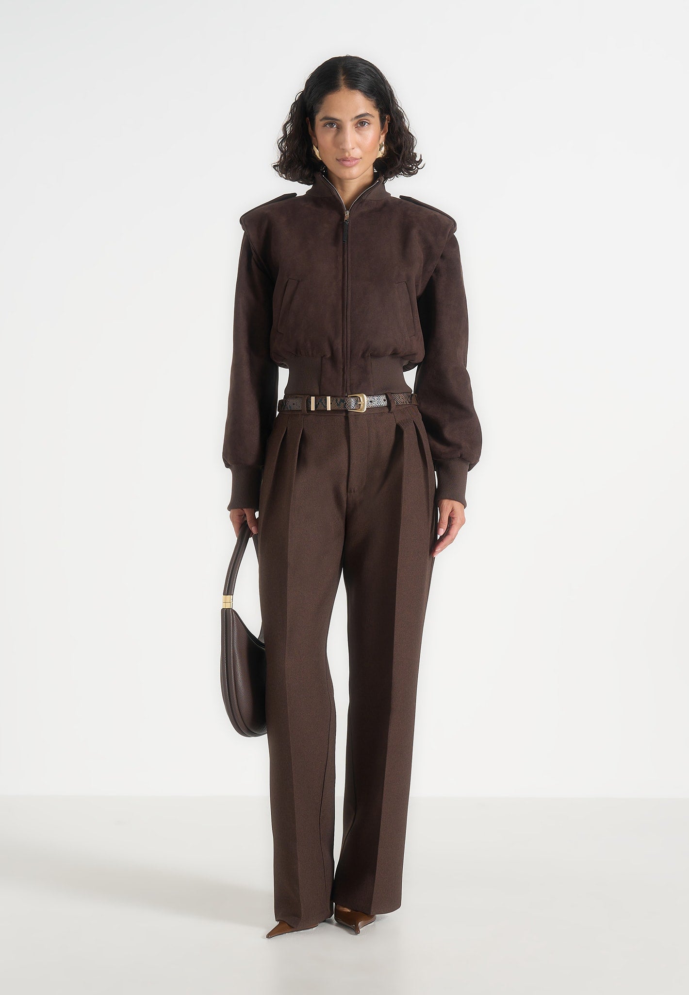 Delfina - Suede Layered-Shoulder Cropped Bomber Jacket - Brown