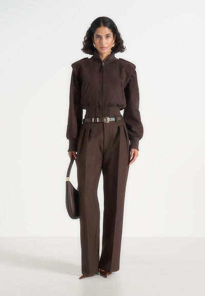 Delfina - Suede Layered-Shoulder Cropped Bomber Jacket - Brown