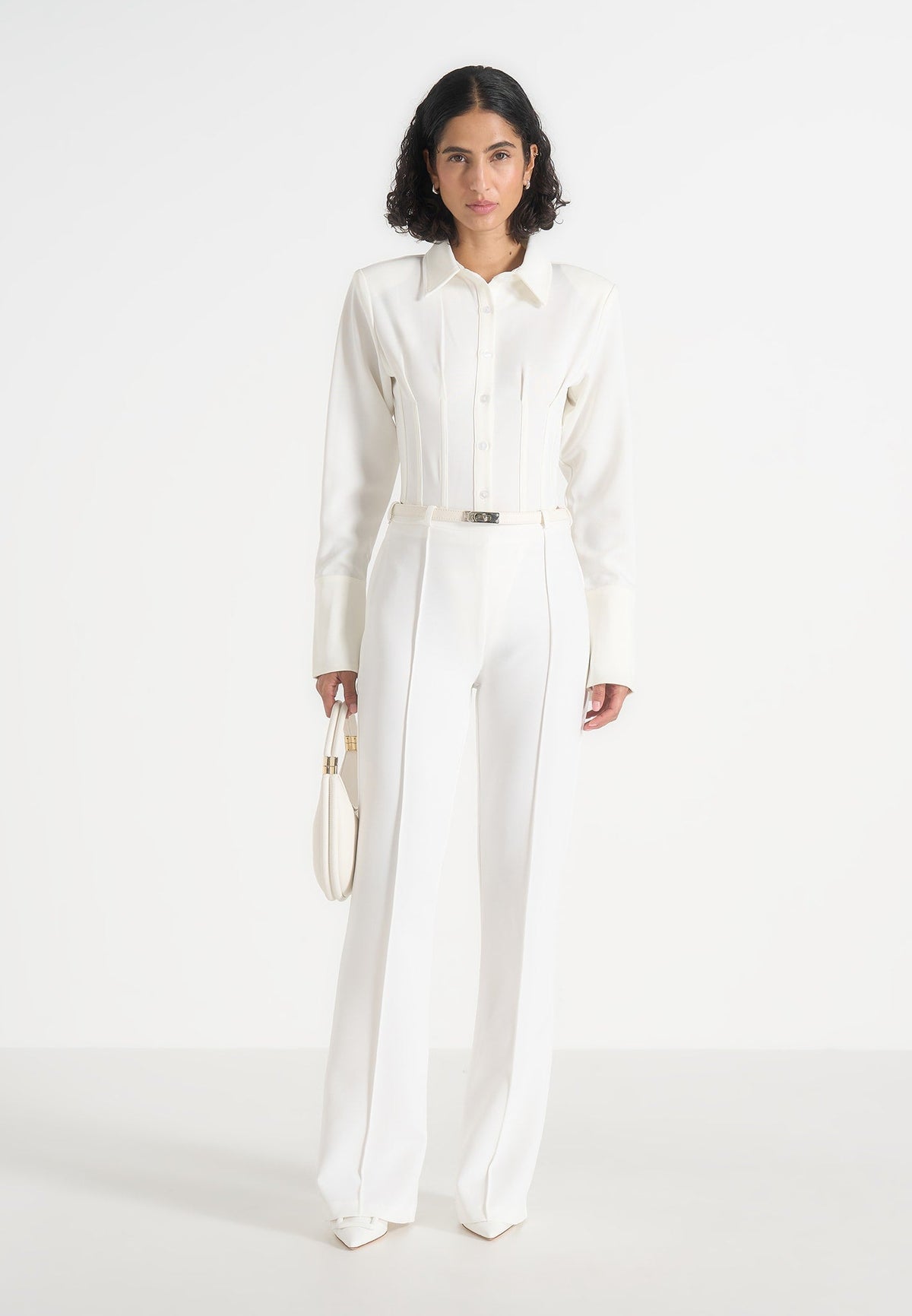 Quinn - High-Waisted Belted Fit & Flare Trousers - White