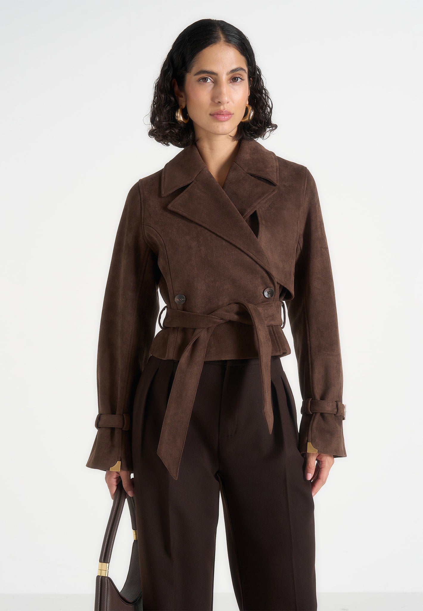 Poppy -  Cropped Suede Belted Biker Jacket - Brown