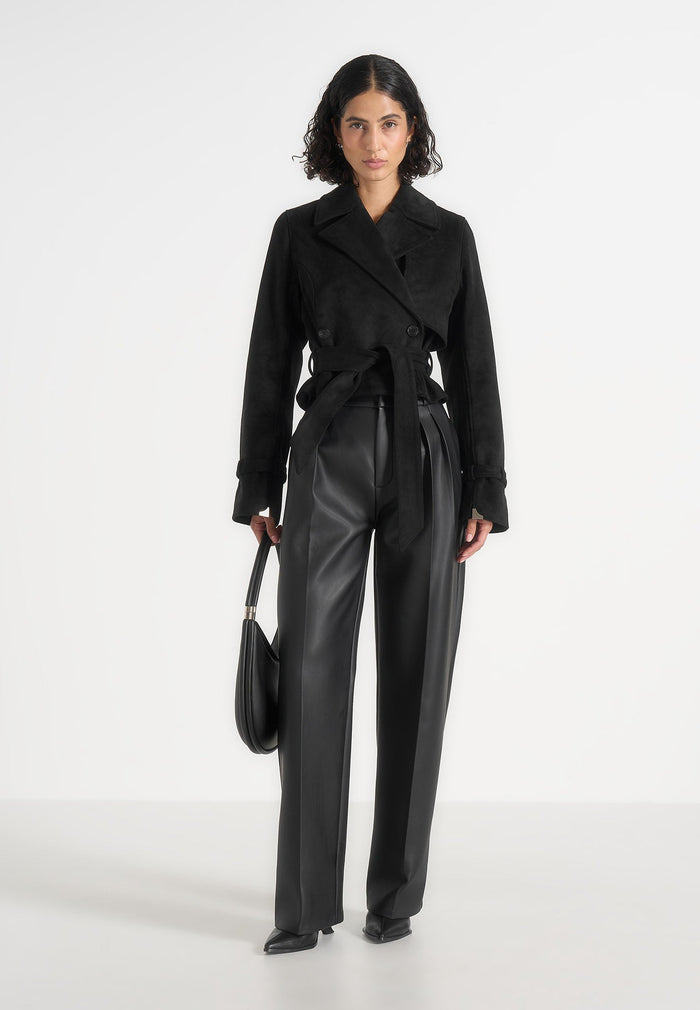 Poppy - Cropped Suede Belted Biker Jacket - Black