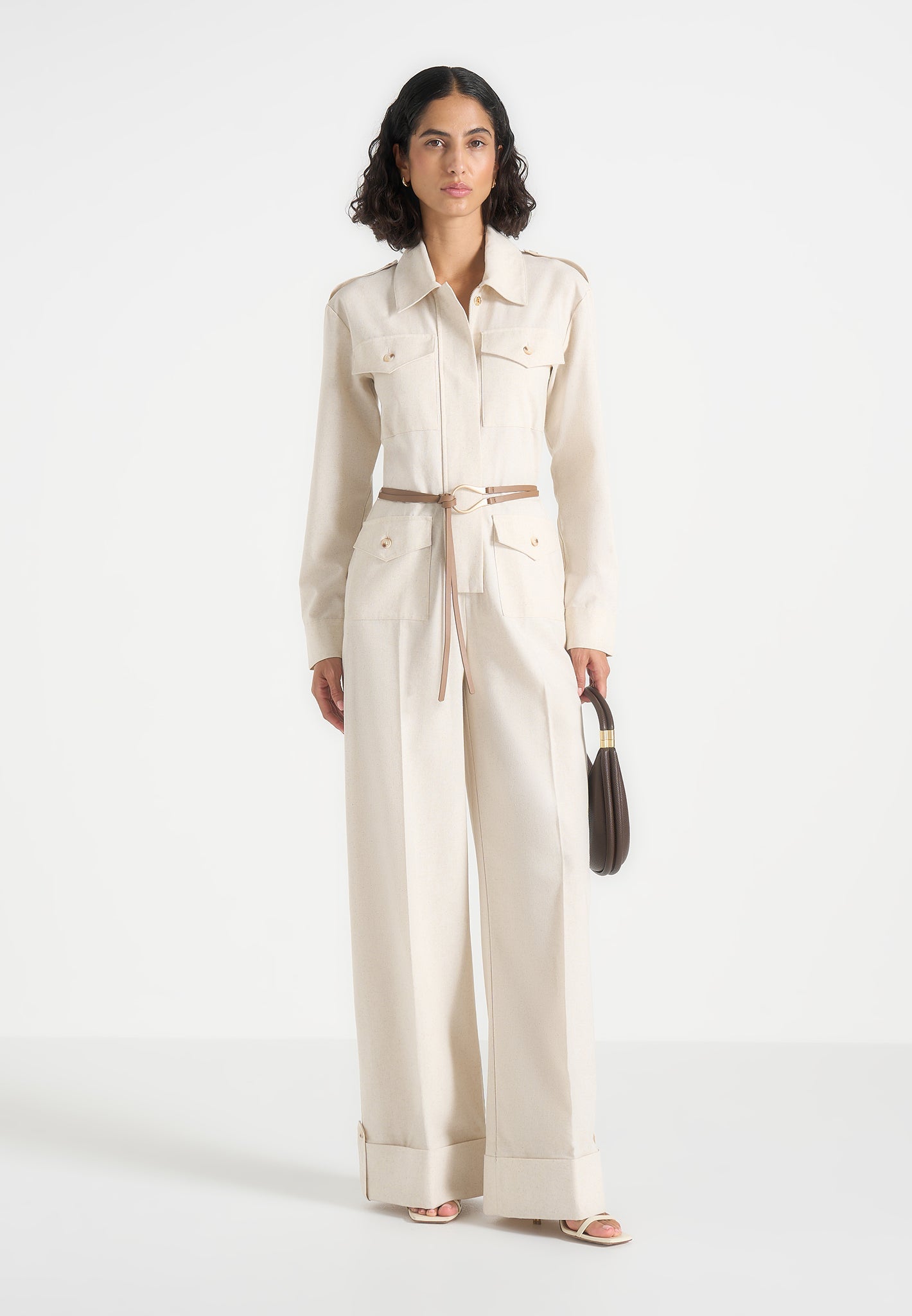 Ruby - Linen Belted Cargo-Pocket Jumpsuit - Natural