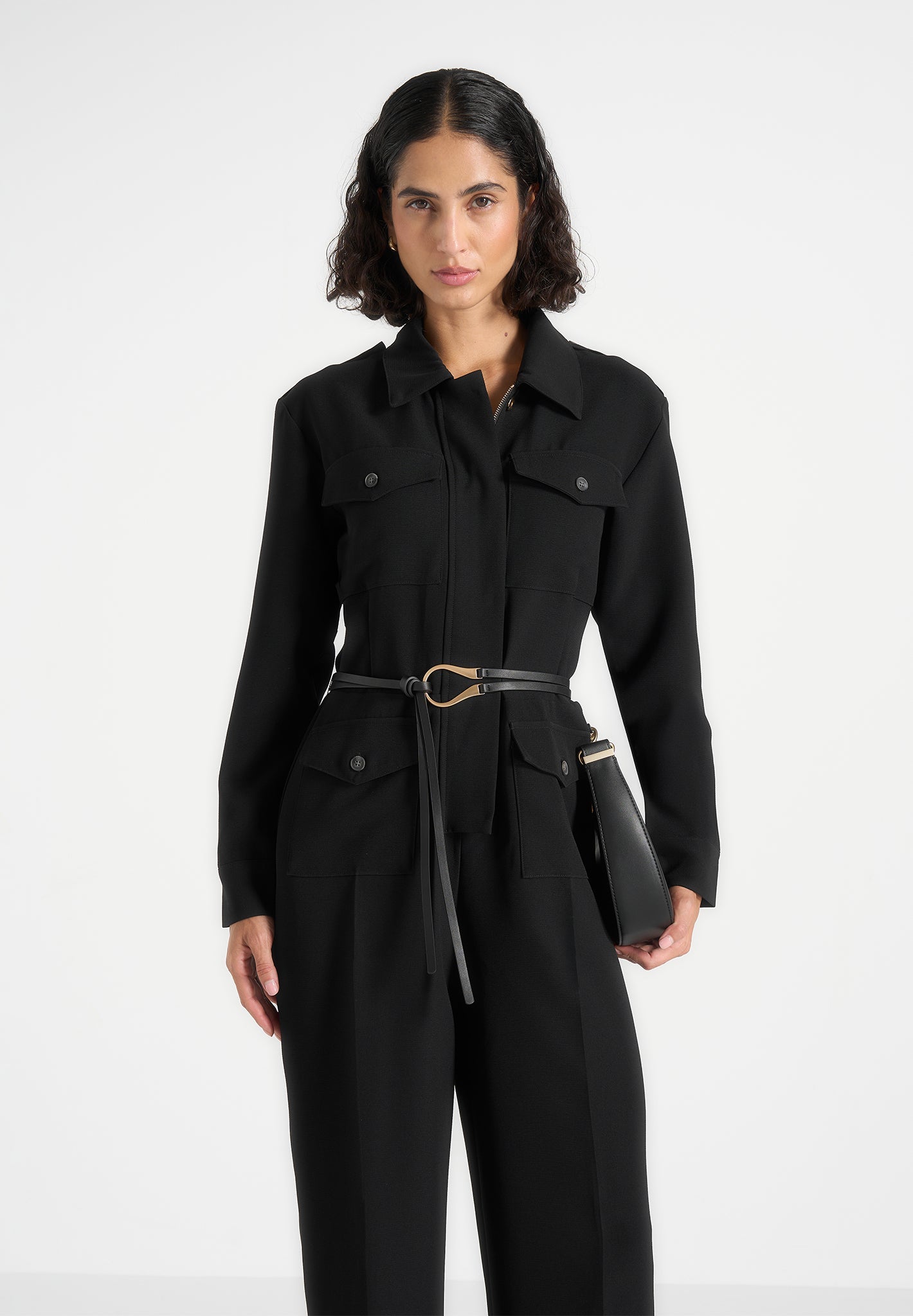 Ruby - Tailored Belted Cargo-Pocket Jumpsuit - Black