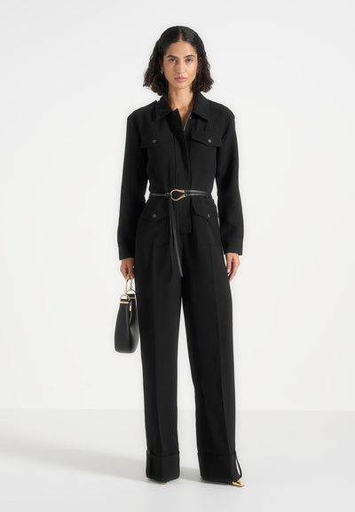 Ruby - Tailored Belted Cargo-Pocket Jumpsuit - Black