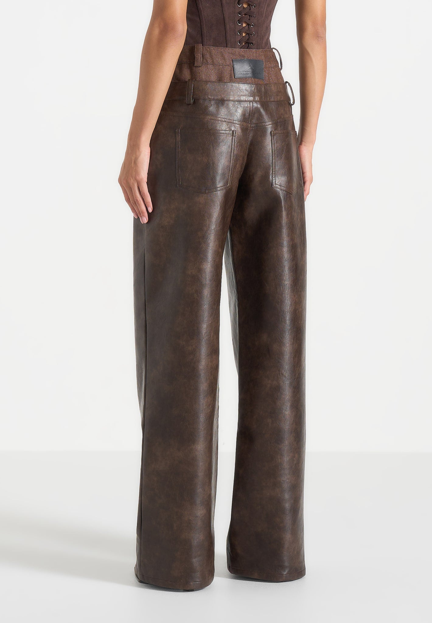 Carmen - Vintage Leather Double Waistband Trousers - Brown