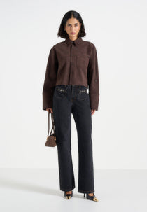 Maura - Oversized Cropped Roll Sleeve Suede Shirt - Brown