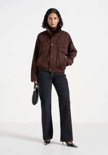 Romain - Unisex Suede Funnel Neck Bomber Jacket - Brown