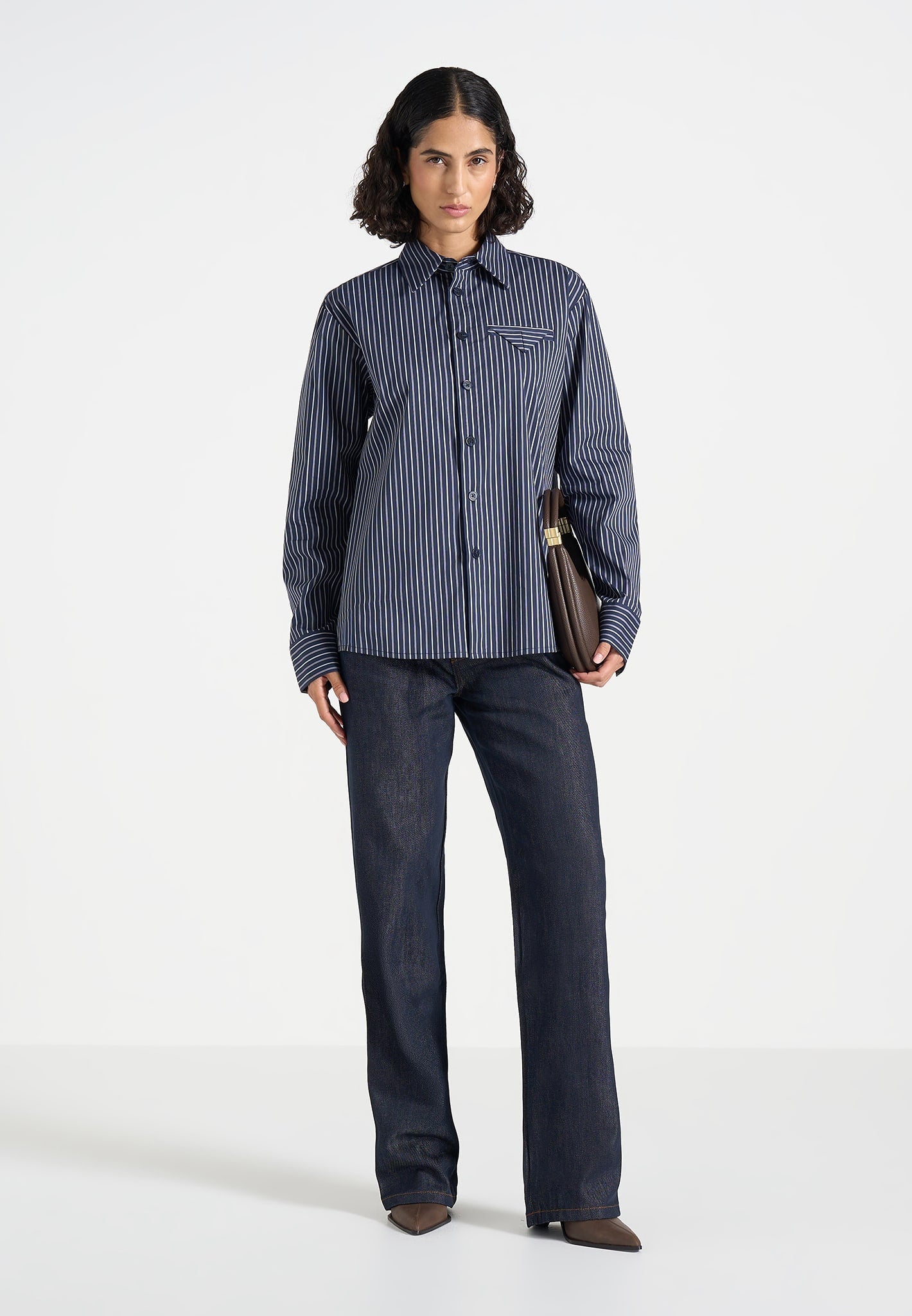 Ronnie - Unisex Pinstripe Long Sleeve Shirt - Navy