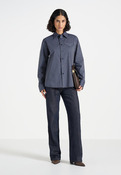 Ronnie - Unisex Pinstripe Long Sleeve Shirt - Navy