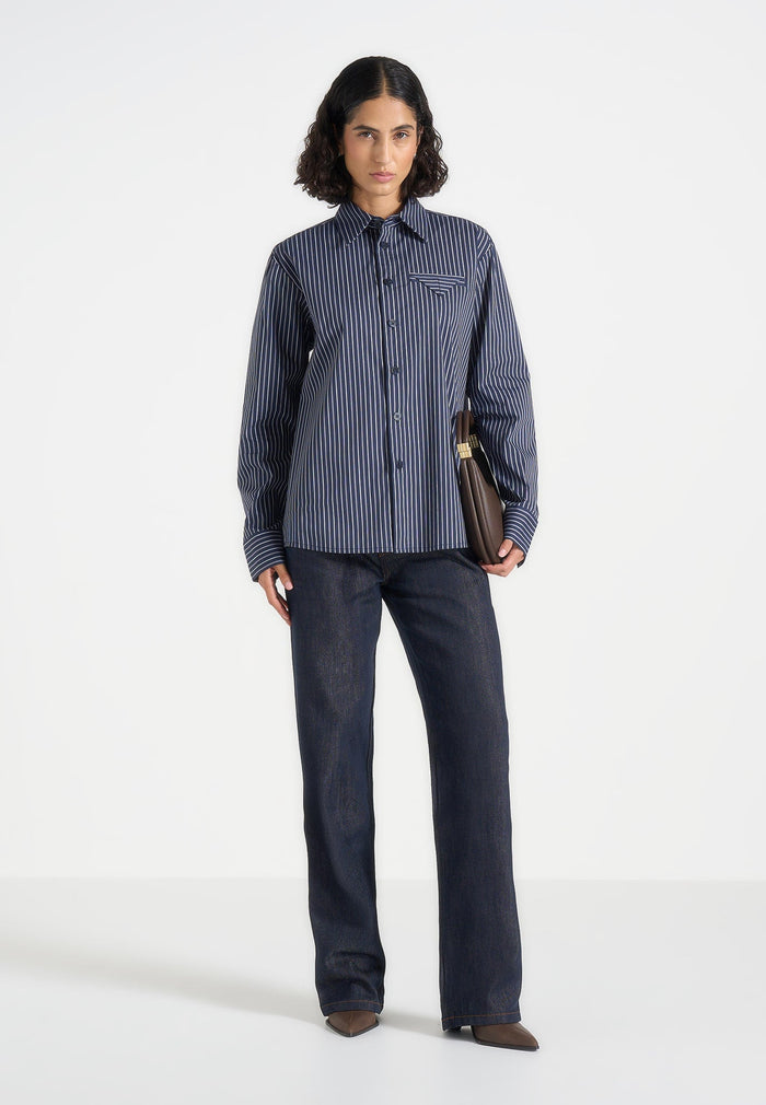 Ronnie - Unisex Pinstripe Long Sleeve Shirt - Navy