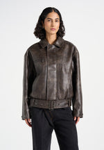 Ezra - Unisex Vintage Leather Belted Bomber Jacket - Brown