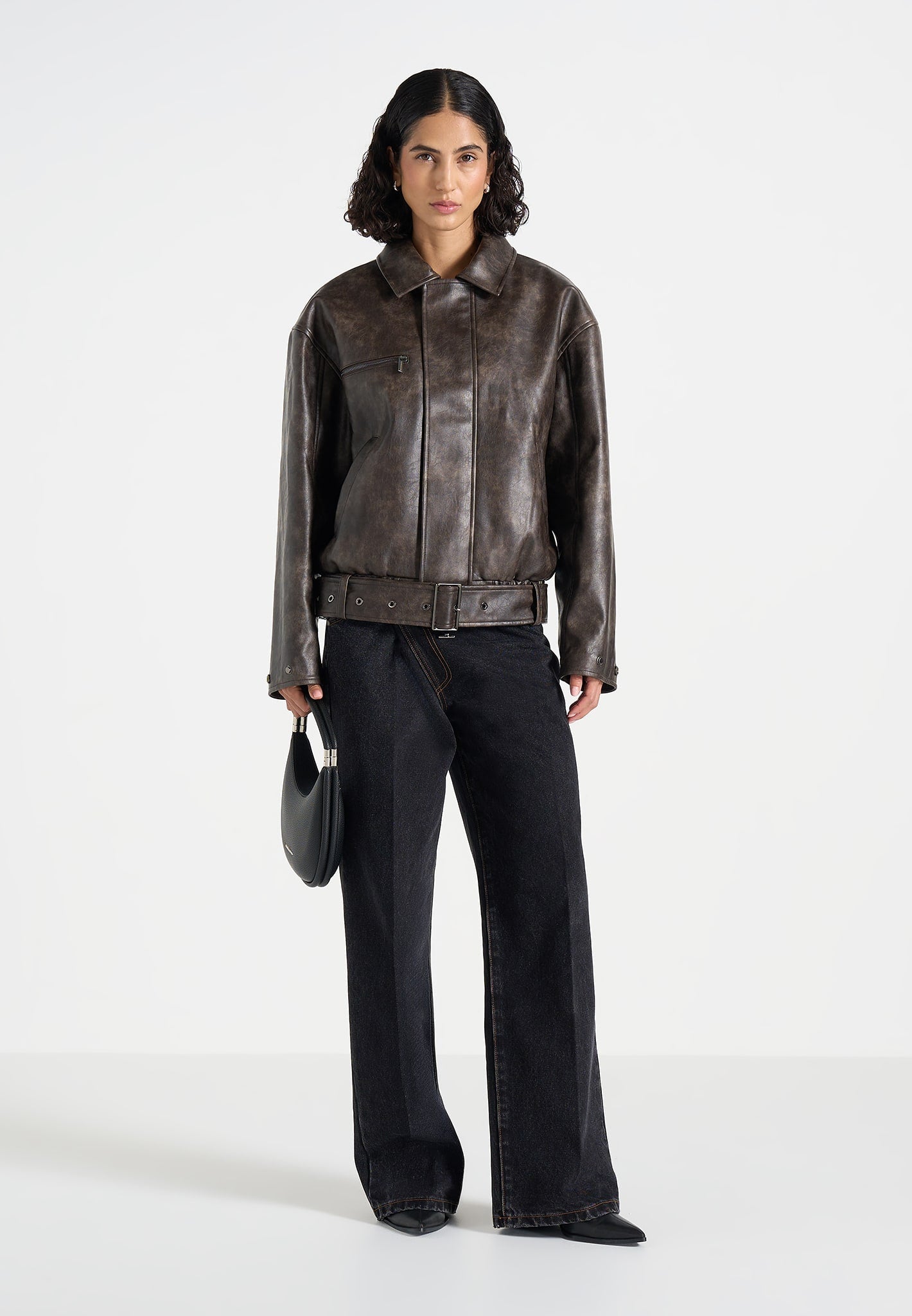 Ezra - Unisex Vintage Leather Belted Bomber Jacket - Brown