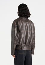 Ezra - Unisex Vintage Leather Belted Bomber Jacket - Brown